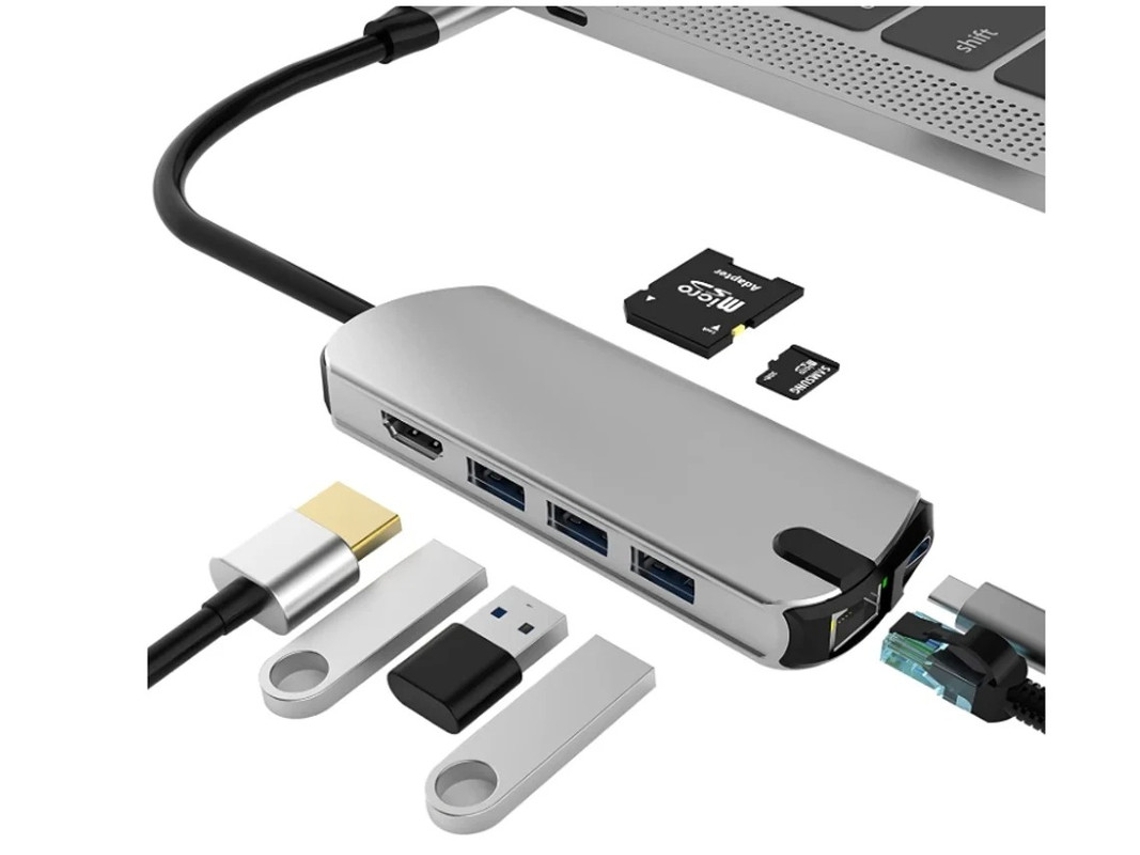 Hub USB C Adaptador USB C 8 en 1 con Gigabit Rj45 Ethernet 3 USB 3.0 4K Hdmi 100W Lector de tarjetas Pd y Sd/Tf Gris YIZHOOD