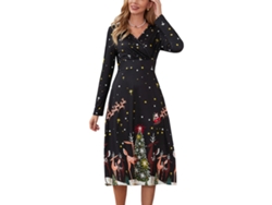 Kkpm-vestido Largo De Navidad Para Mujer Con Estampado, Cuello En V, Mangas Largas Y Ceñido A La Cintura Tipo D M Negro