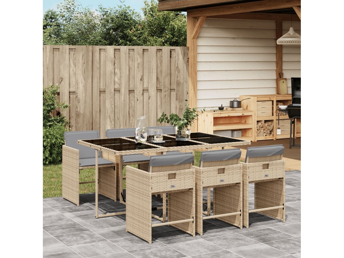 Juego de comedor de jardín de 7 piezas con cojines, mimbre beige mixto, DKD Home Decor