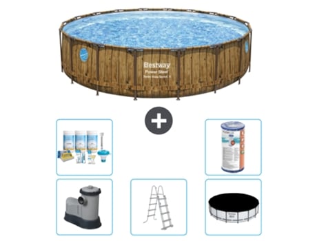 Piscina BESTWAY Round Power Steel Swim Vista - Impresión en madera - 549 x 122 - Incluye bomba - Escalera - Cubierta Accesorios CB29