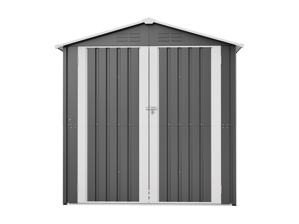 Caseta de jardín metálica de 142 x 185 cm con orificios de ventilación, base metálica y puerta con cerradura. Zkaka