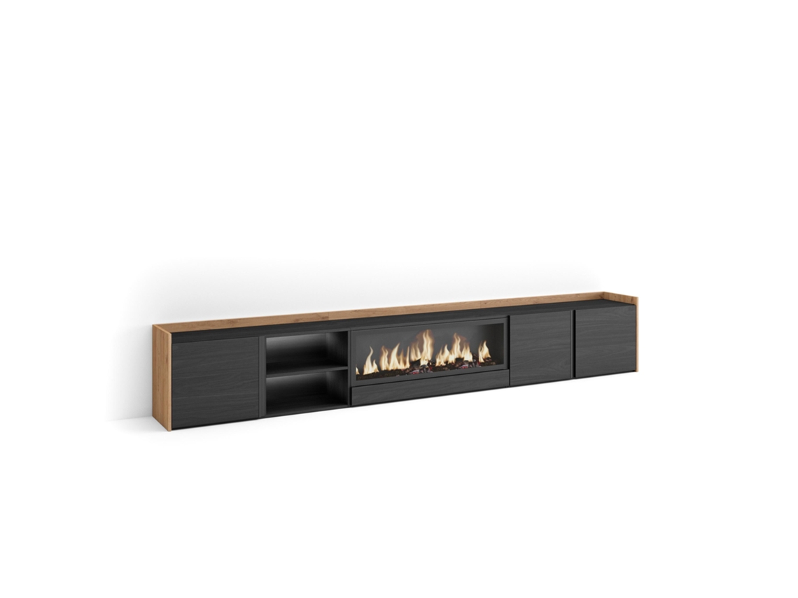 Mueble Tv, Televisión, 315x35x50cm, Para Tv Hasta 80", Chimenea Eléctrica Xxl, Led, Negro Y Roble