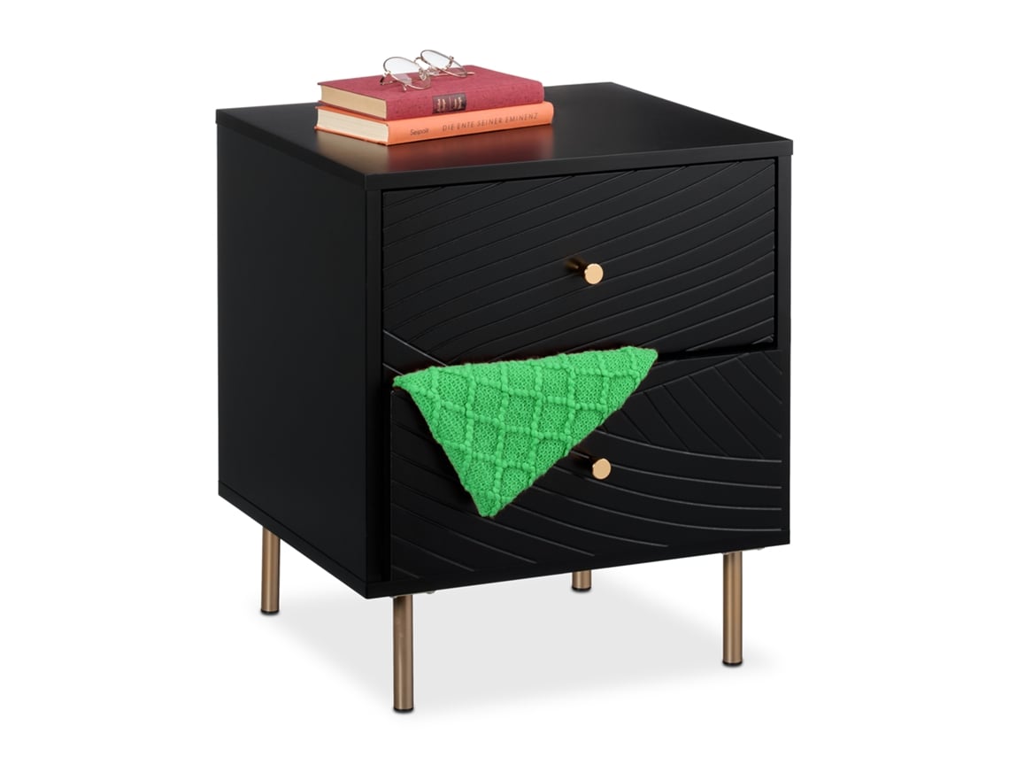 Mesa De Cabeceira Relaxdays, 2 Gavetas, Mesinha De Cabeceira Para Quarto, Mesa De Apoio, Hbt 52x45x40 Cm, Preto/dourado