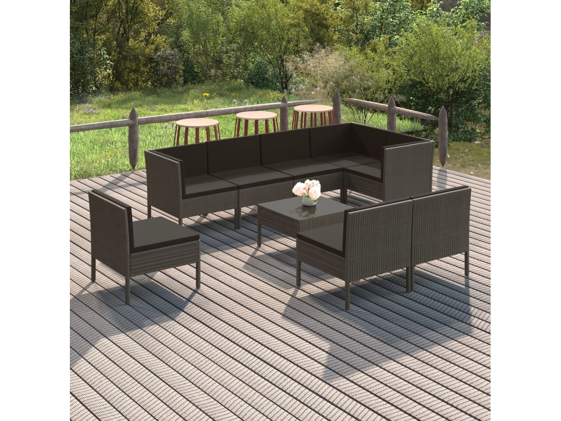 Conjunto de jardín de 9 piezas con cojines, ratán gris, DKD Home Decor