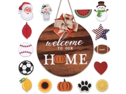 Decoración de letrero de bienvenida para puerta delantera, letrero intercambiable redondo de madera, para porche, Halloween y Navidad (marrón) RNEMITERY