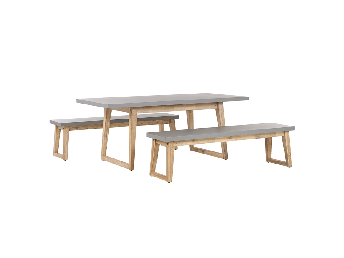 Conjunto de jardín mesa y 2 bancos de cemento reforzado gris/madera clara BELIANI Oria