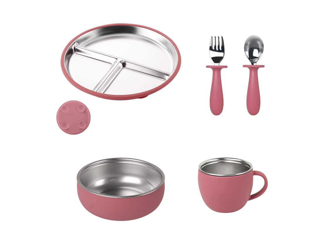 Juego De Vajilla Infantil, 5 Piezas, Acero Inoxidable 304, Con Ventosa. Rosa Czhhmart