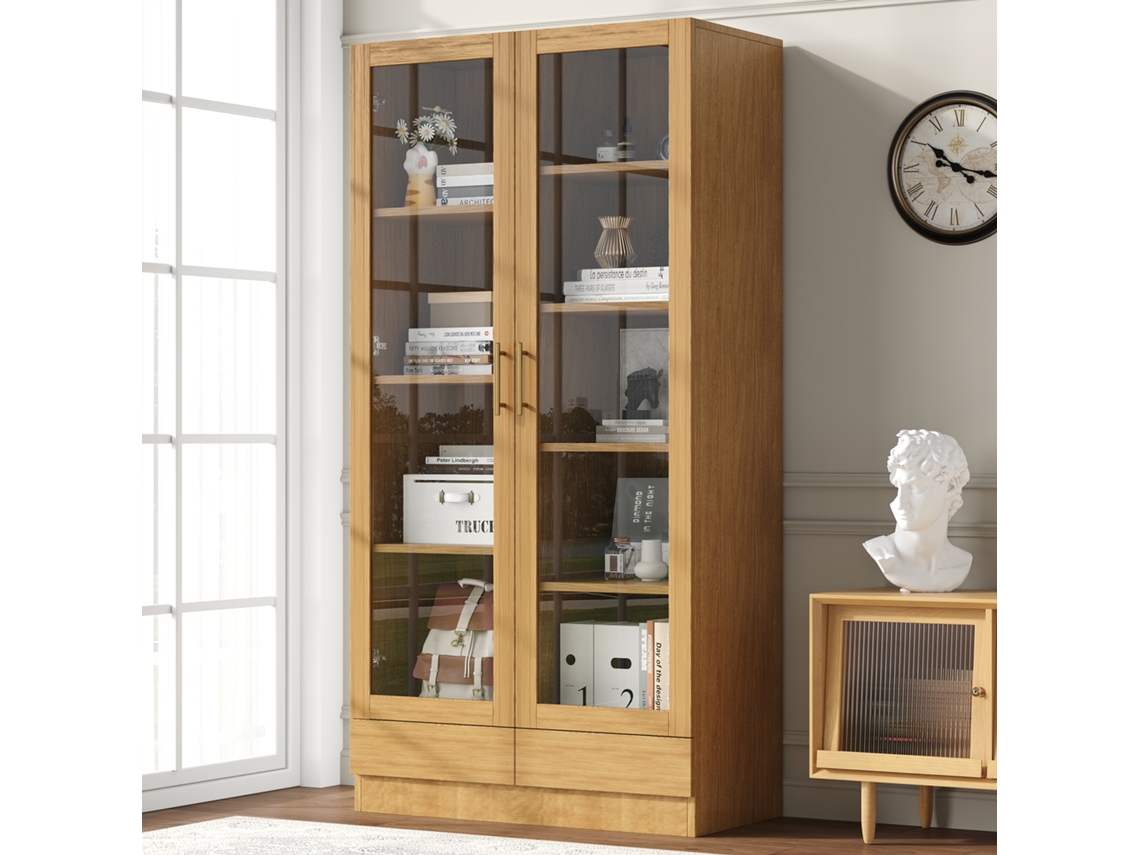 Vitrina De Cristal Para Estantes Y Cajones De Oficina Con Mecanismo De Apertura Por Presión, Fabricada En Madera.