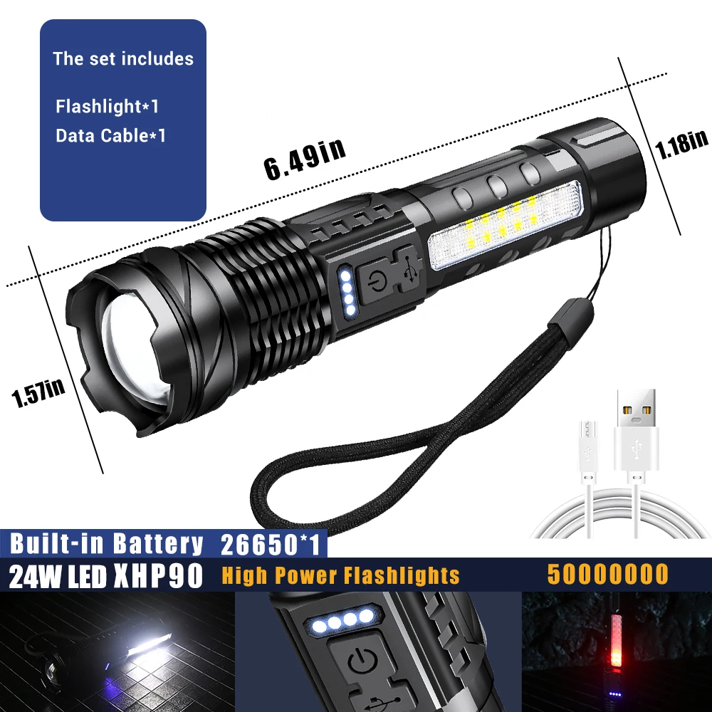 Linterna LED de alta potencia de 24 W, foco de emergencia, haz telescópico, batería 18650 integrada.
