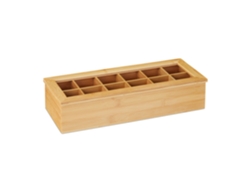 Relaxdays Caja Té, Bambú, 12 Compartimentos, Cajita Infusiones Con Ventana, Organizador Bolsas Té 9x41x16 Cm, Natural