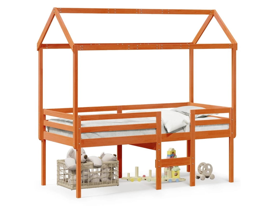 Cama alta con techo 75x190 cm pino macizo marrón miel Dkd Home Decor