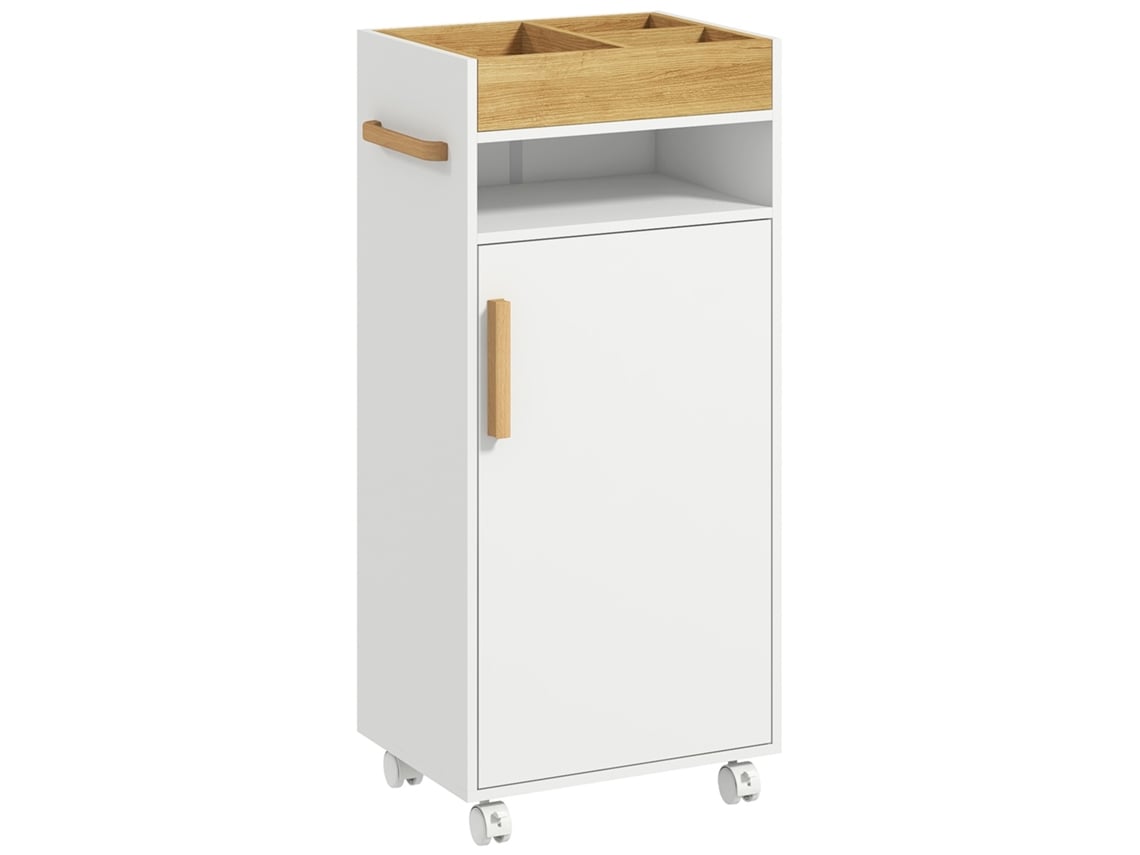 Mueble de baño moderno con estantes ajustables, bandeja extraíble y ruedas, 40x30x88 cm, blanco y roble.