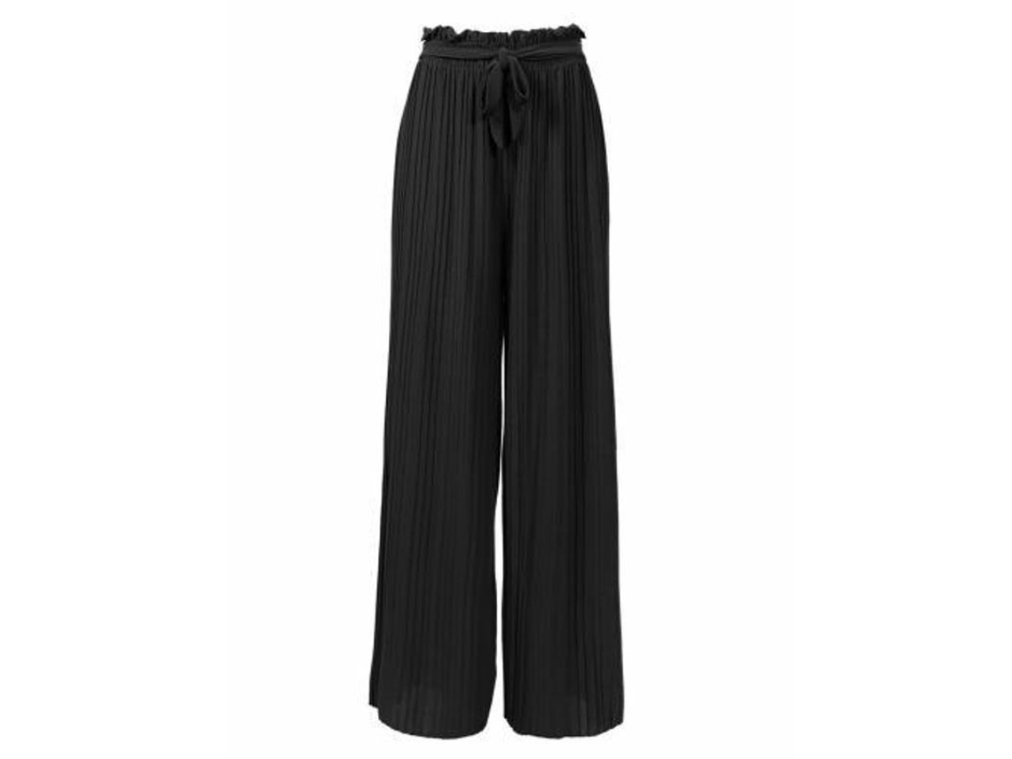 2026-pantalones Palazzo Anchos Plisados De Chiffon Con Lazada Para Mujer Sueltos De Talla Grande S Negro