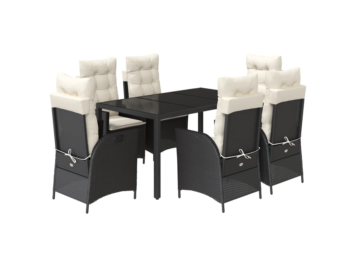 Juego de 7 piezas de comedor de jardín con cojines de mimbre, color negro, EXCLUSIVA DE LA CASA