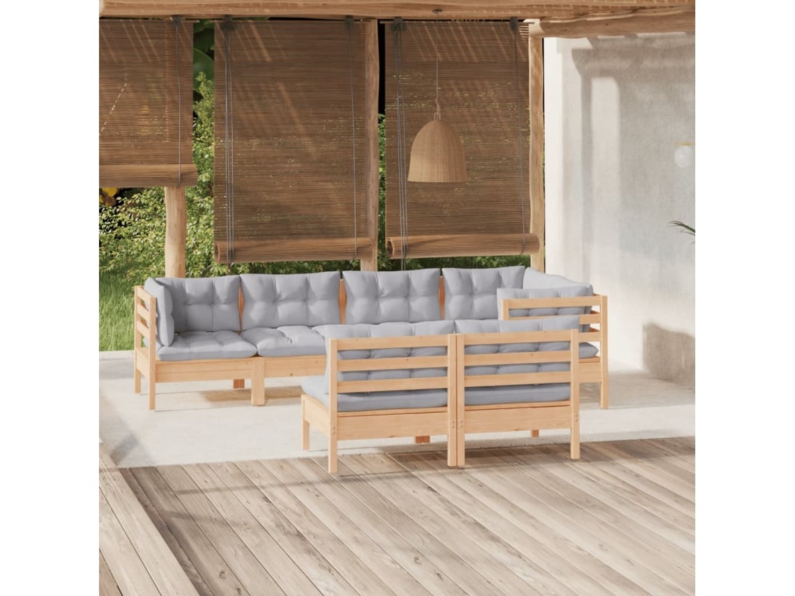 7 Piezas Conjunto Lounge De Jardim Almofadões Cinza Pinho Maciço Dkd Decoración Del Hogar