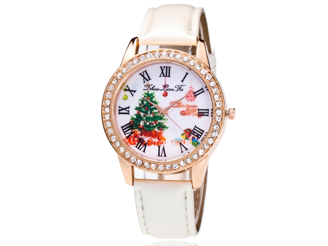 Reloj De Cuarzo Para Mujer, Edición Navideña, Con Pedrería Y Correa De Poliuretano Zlf-0072 (blanco)