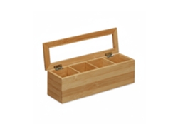 Relaxdays Caixa De Chá Em Bambu, 4 Compartimentos, Estreita, Visor Em Plástico, Axlxp: 9 X 30 X 9 Cm, Compacta, Natural