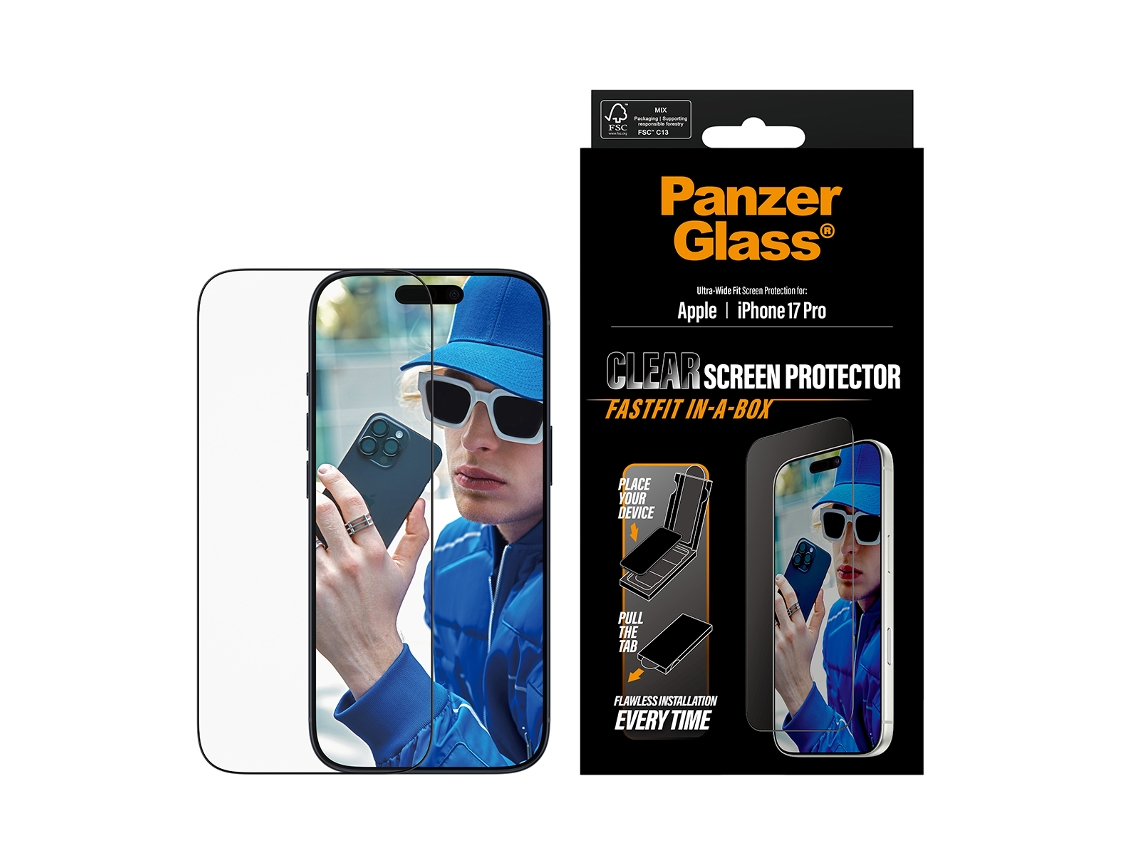Protector de pantalla PANZERGLASS® para iPhone 17 Pro, ajuste ultra ancho (instalación rápida en caja)