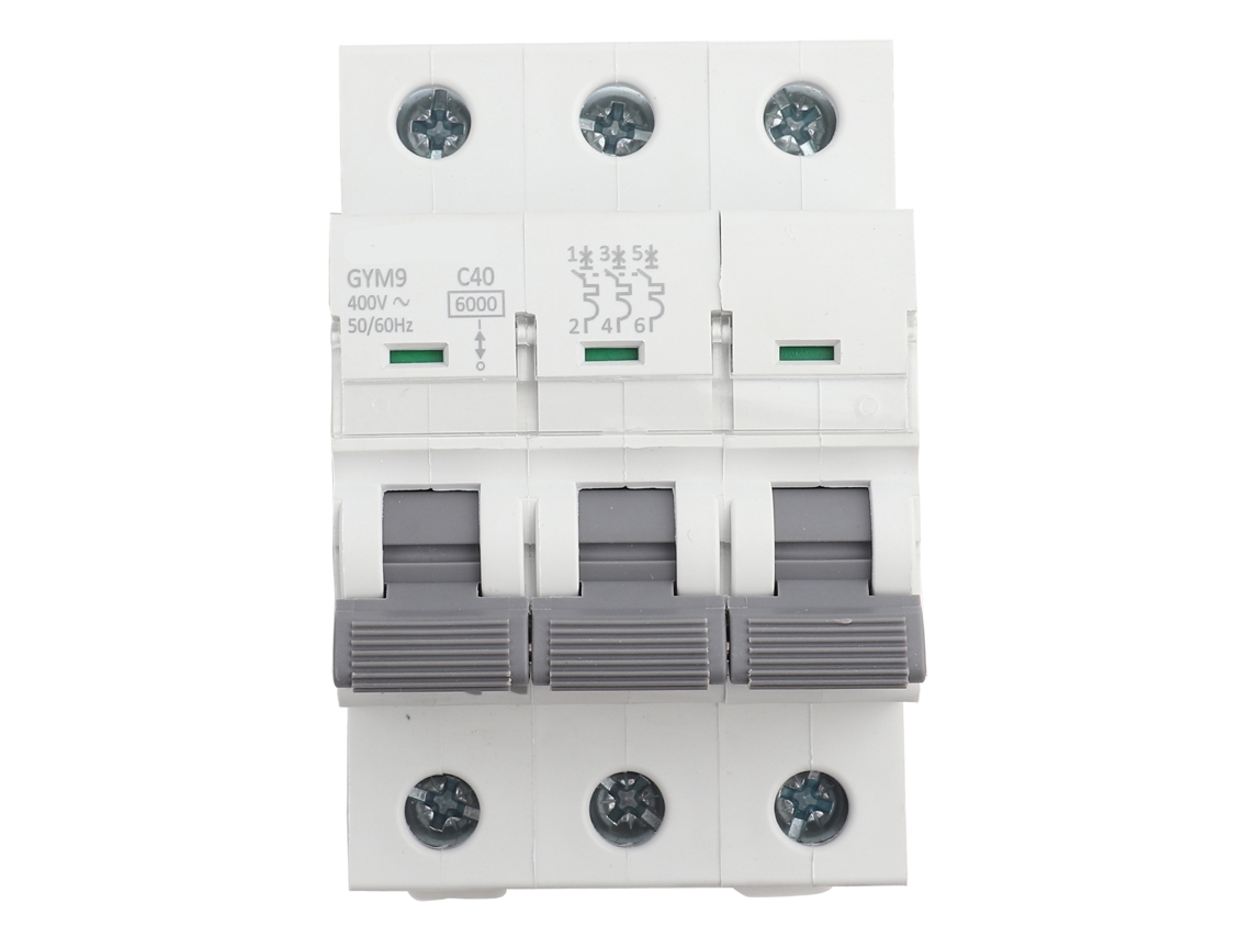 Disyuntor de 3 pines y 40 A con protector contra fugas eléctricas, 230/400 V CA, 50/60 Hz, IP20, sin marca.