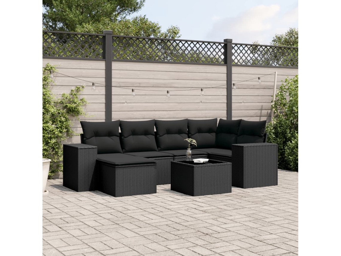 Conjunto de sofá de jardín de 7 piezas con cojines de mimbre negro de DKD Home Decor