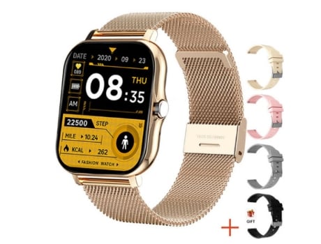 Smartwatch con pantalla táctil, monitorización del ritmo cardíaco, podómetro, acero dorado, cuatro correas de goma JL-EIGHT