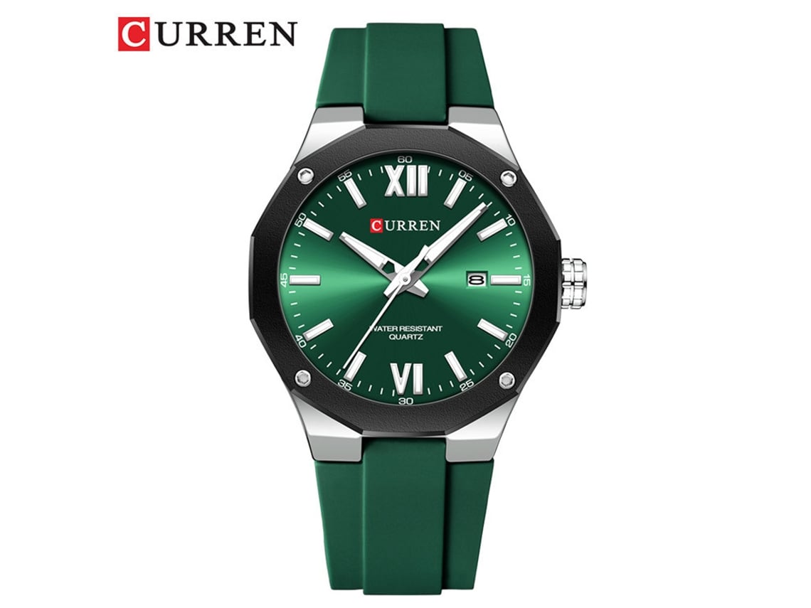 Reloj Deportivo Casual Para Hombre (plateado Y Verde) Con Correa De Caucho, Calendario Y Resistente Al Agua.