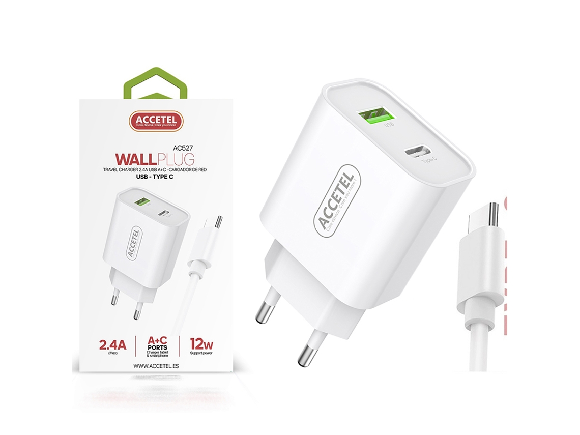 Kit de cargador de doble entrada USB + tipo-C con cable AC527 Tipo-C para Samsung Galaxy A13 5G Carga rápida 2.4A 12W White