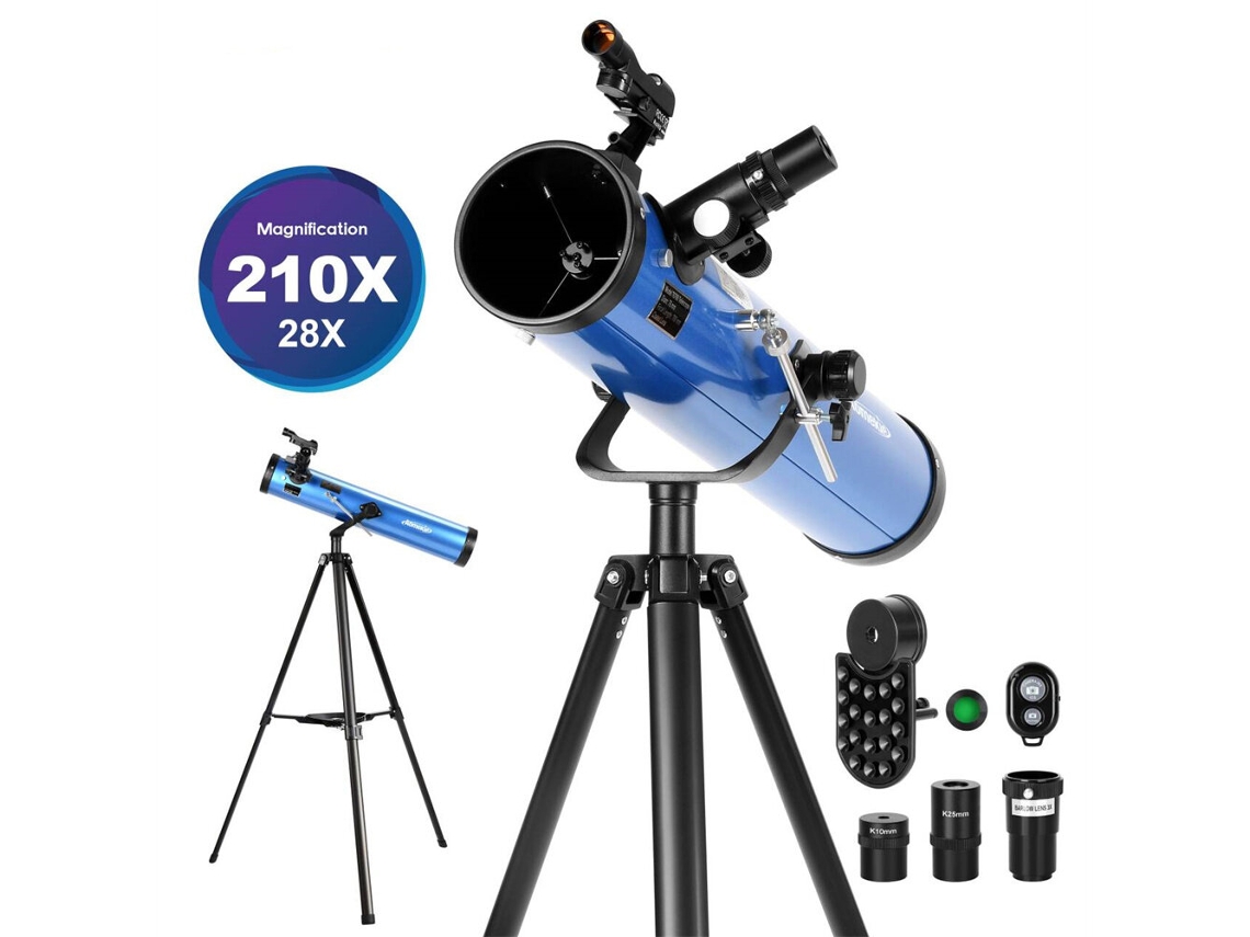 Telescópio Refletor Profissional Aomekie 700/76 210x Azul Com Controle Remoto Bluetooth Adaptador Para Celular Tripé E Filtro Lunar A02018