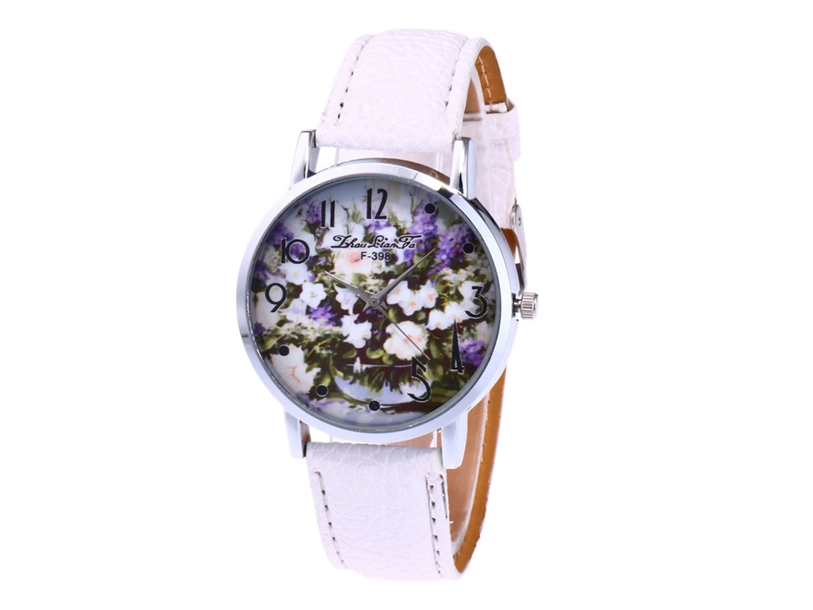 Reloj De Pulsera De Cuarzo Informal Para Mujer Zhoulianfa Con Estampado Floral Y Correa De Cuero Blanco.