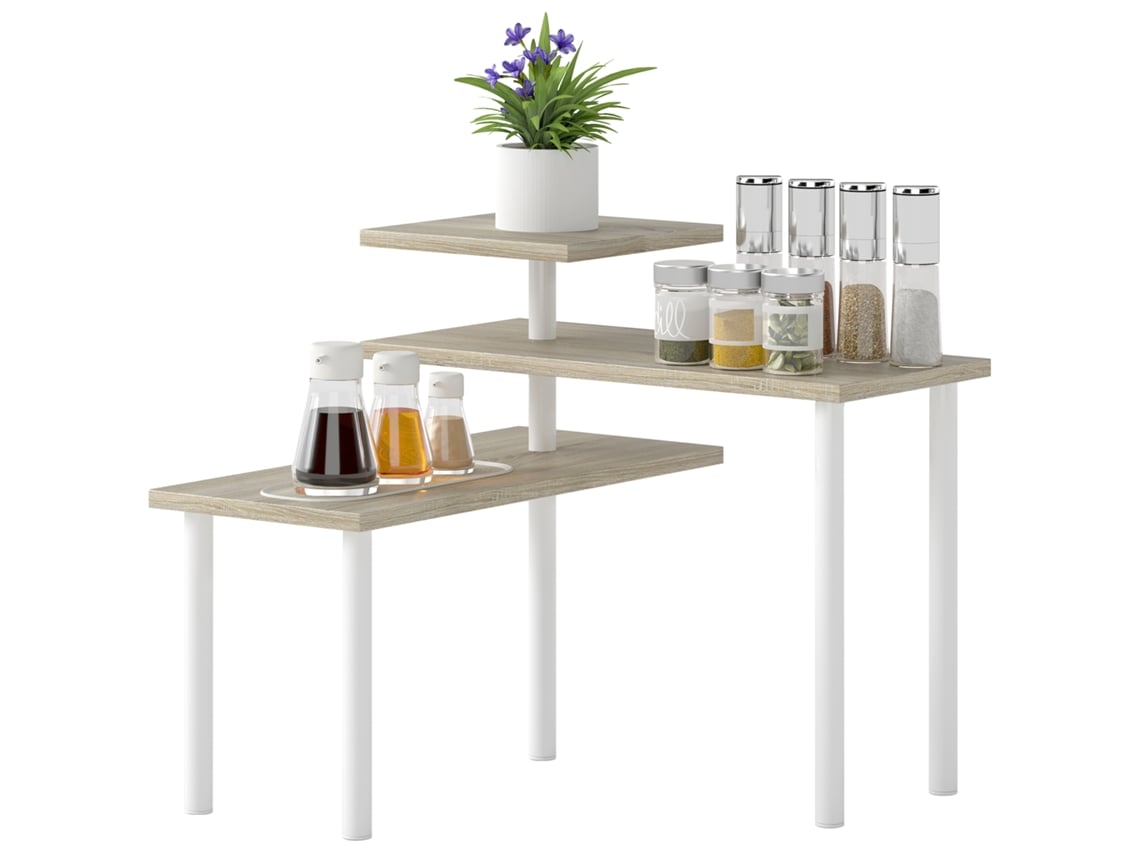 Estantería De Cocina De 3 Niveles, Con Estantes Giratorios Y Estructura Metálica Escalonada Con Acabado Natural.