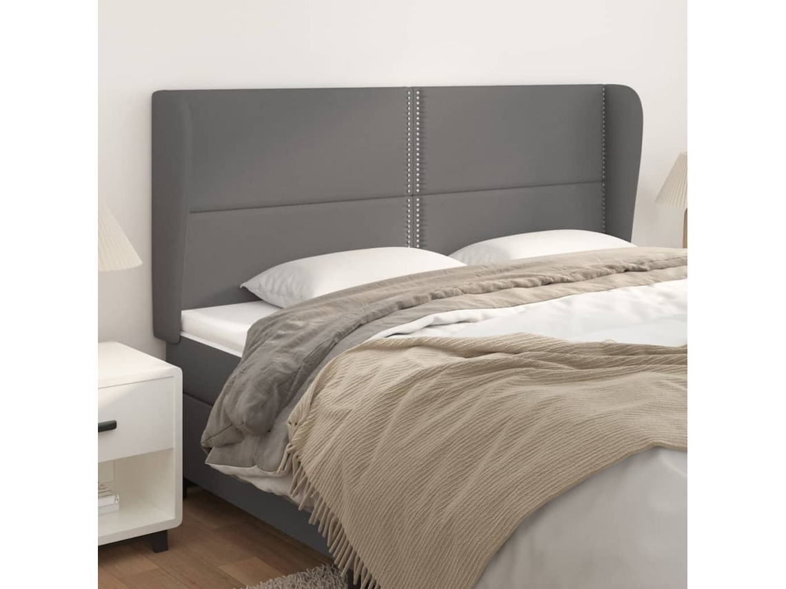 Cabecero Con Orejas Cuero Sintético Gris 203x23x118/128 Cm