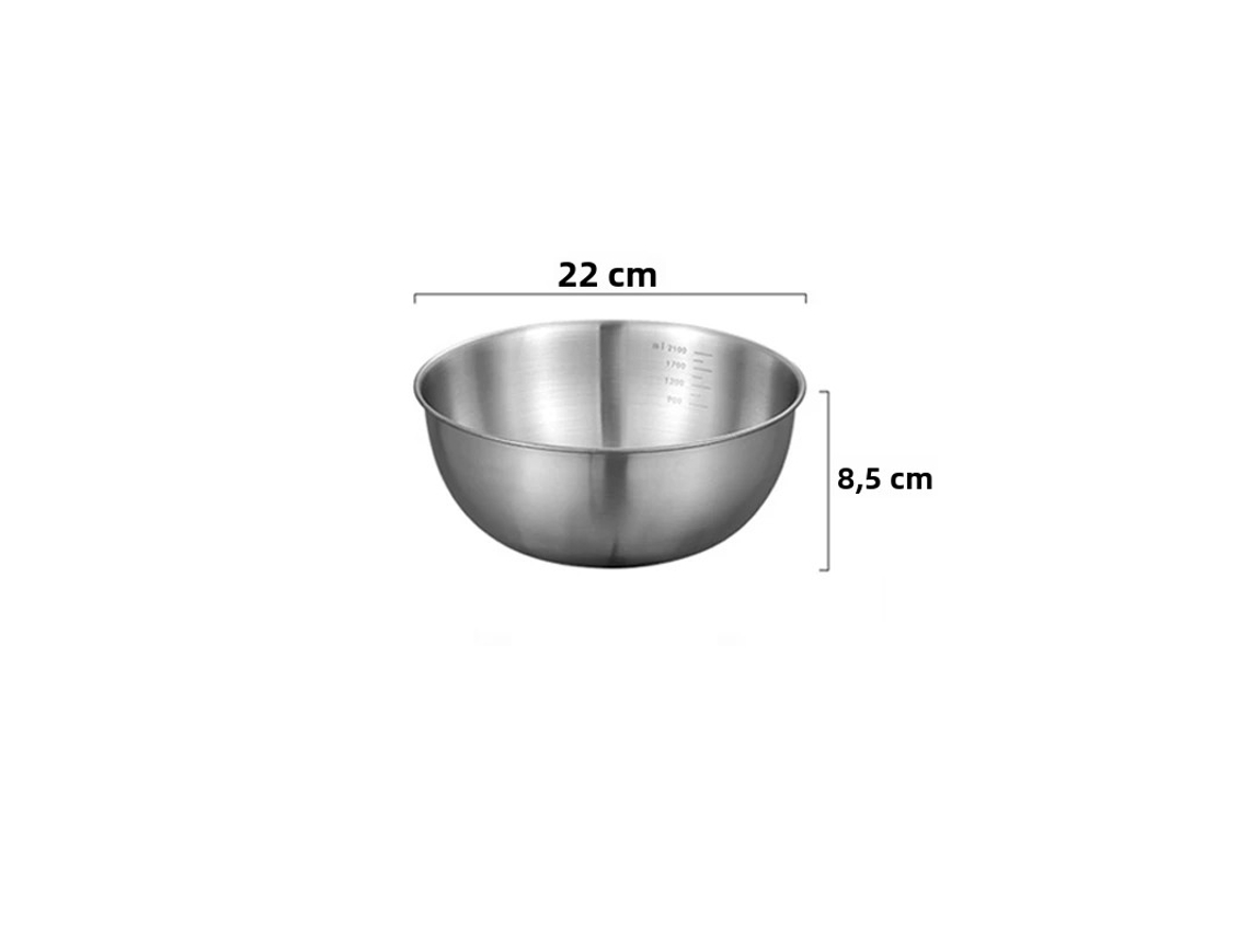 Cuenco de cocina de acero inoxidable, estilo coreano, para ensalada de frutas, con marcas. Mdug (22 cm, plateado, 1 unidad).