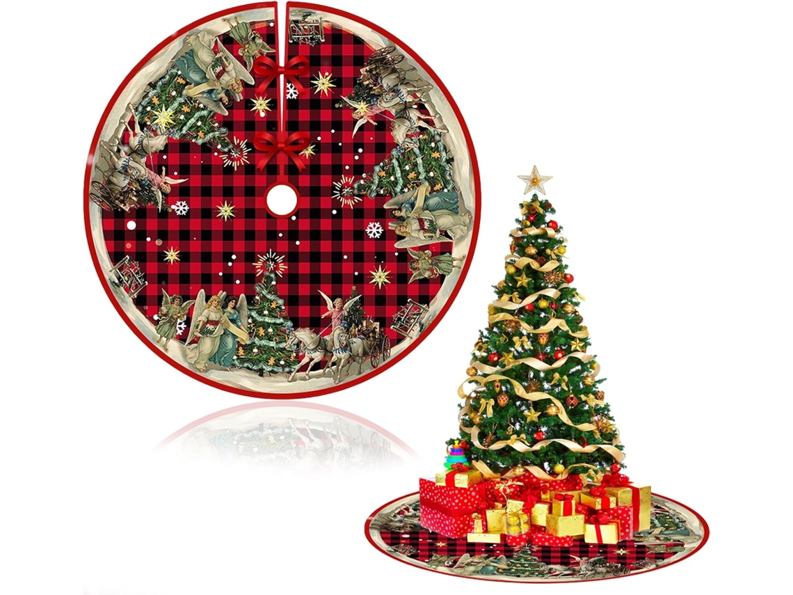 Falda para árbol de Navidad a cuadros rojos y negros de 48 pulgadas, estilo rústico campestre, con decoración de copos de nieve.