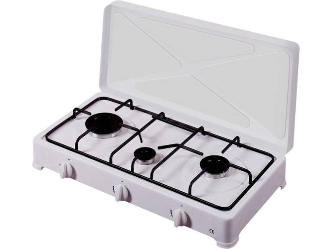 Hornillo Vitrokitchen 300bb gas butano 3 quemadores hobs placa mesa esmaltado giratorio frente 60 cm color blanco de encimera