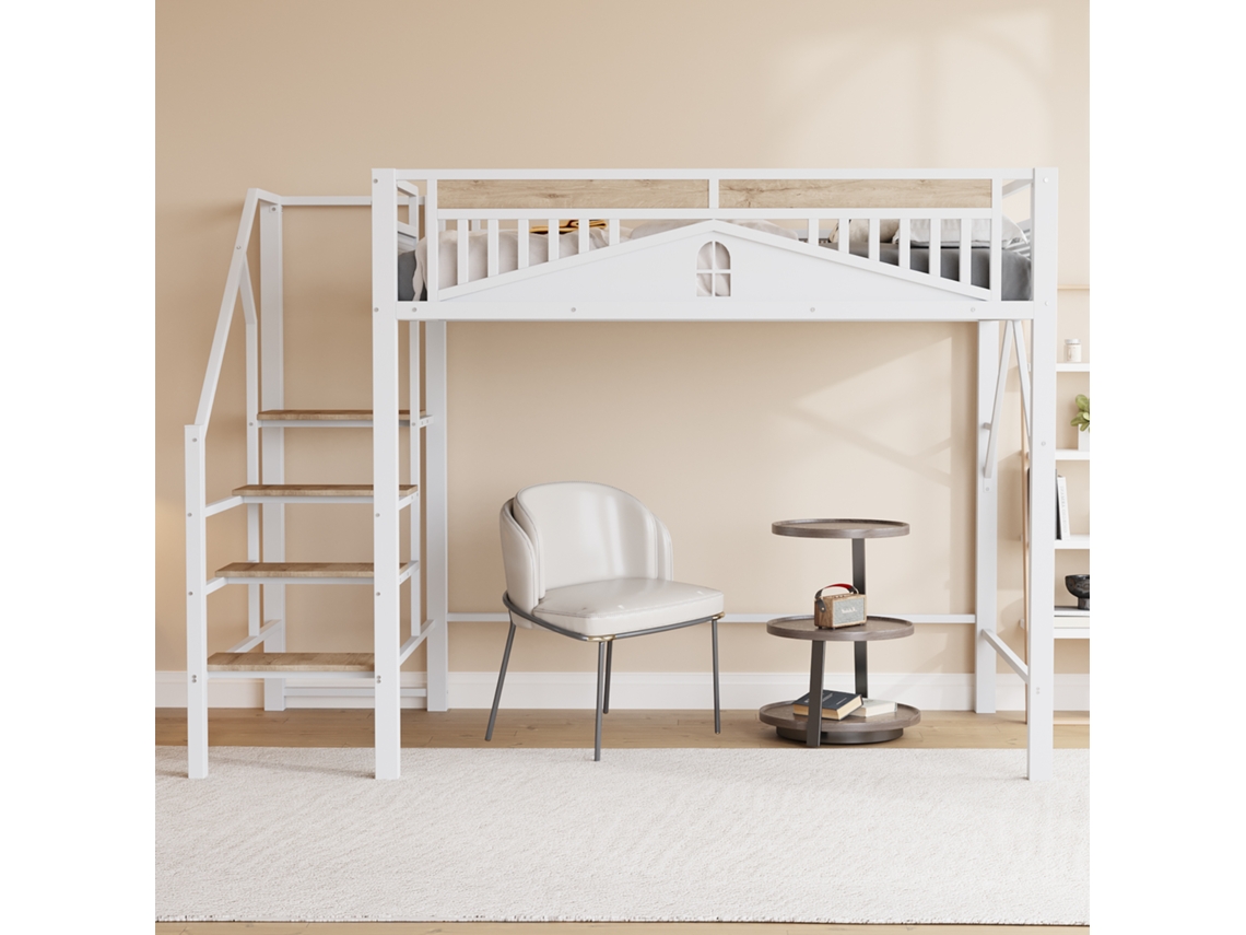 Cama alta de metal de 140 x 200 cm con diseño exclusivo, escalera de seguridad y amplio espacio de almacenamiento bajo la cama, color blanco.
