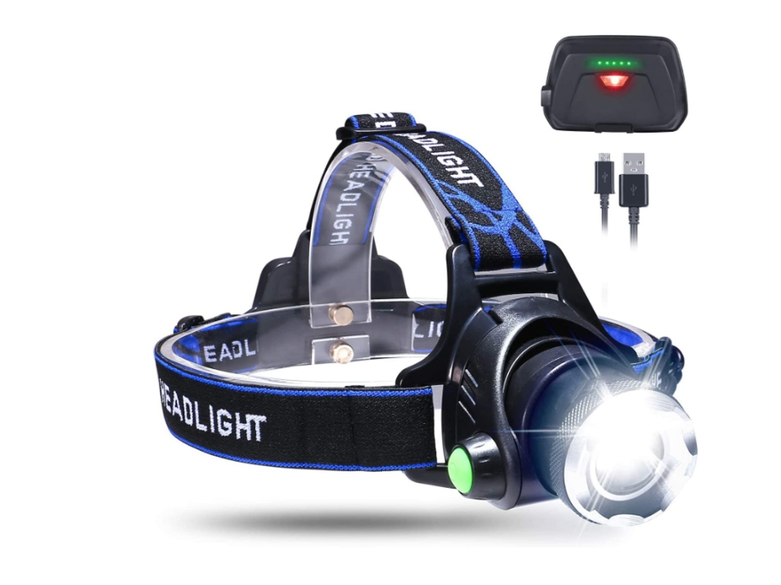 Linterna frontal LED recargable por USB, impermeable, con zoom y batería de litio integrada Yizhood (negra)
