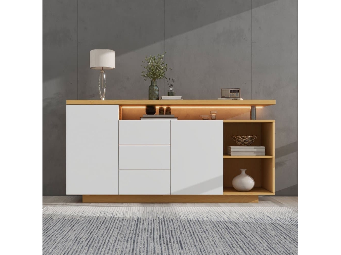Sideboard Multifuncional 140 Cm - 2 Puertas, 3 Cajones, 2 Compartimentos Abiertos, Con Iluminación Led - Blanco Y Madera