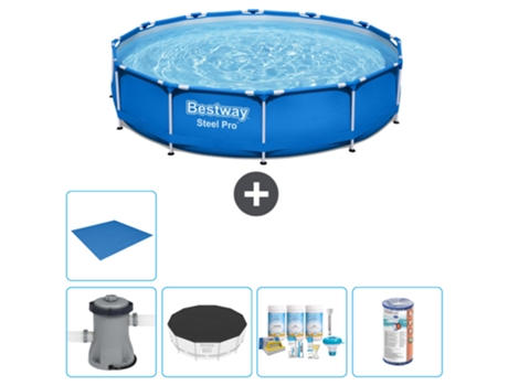 Piscina BESTWAY Round Steel Pro - 366 x 76 cm - Azul - Bomba incluida Cubrir - Paquete de mantenimiento - Filtrar - Suelo
