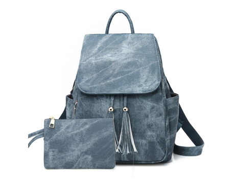 Mochila para mujer, mochila de viaje antirrobo de cuero PU, bolsos de hombro con borla, azul