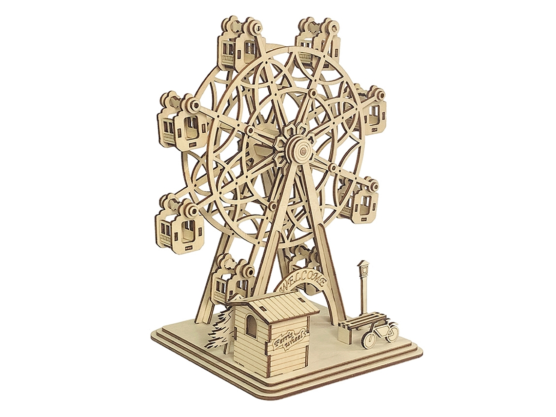 Maqueta De Madera 3d, Con Movimiento Mecánico Diseño De Noria Feliz. 117 Piezas.