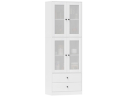 Mueble de cocina con cajones y puertas de cristal, acabado en melamina, color blanco.