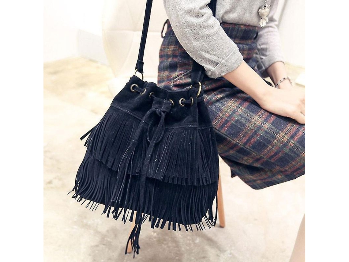 Bolso bandolera de mujer en ante sintético con flecos y borlas, estilo retro 2026.