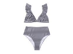 Traje de baño bikini de dos piezas con volantes, estampado a cuadros, escote en V, sin mangas.