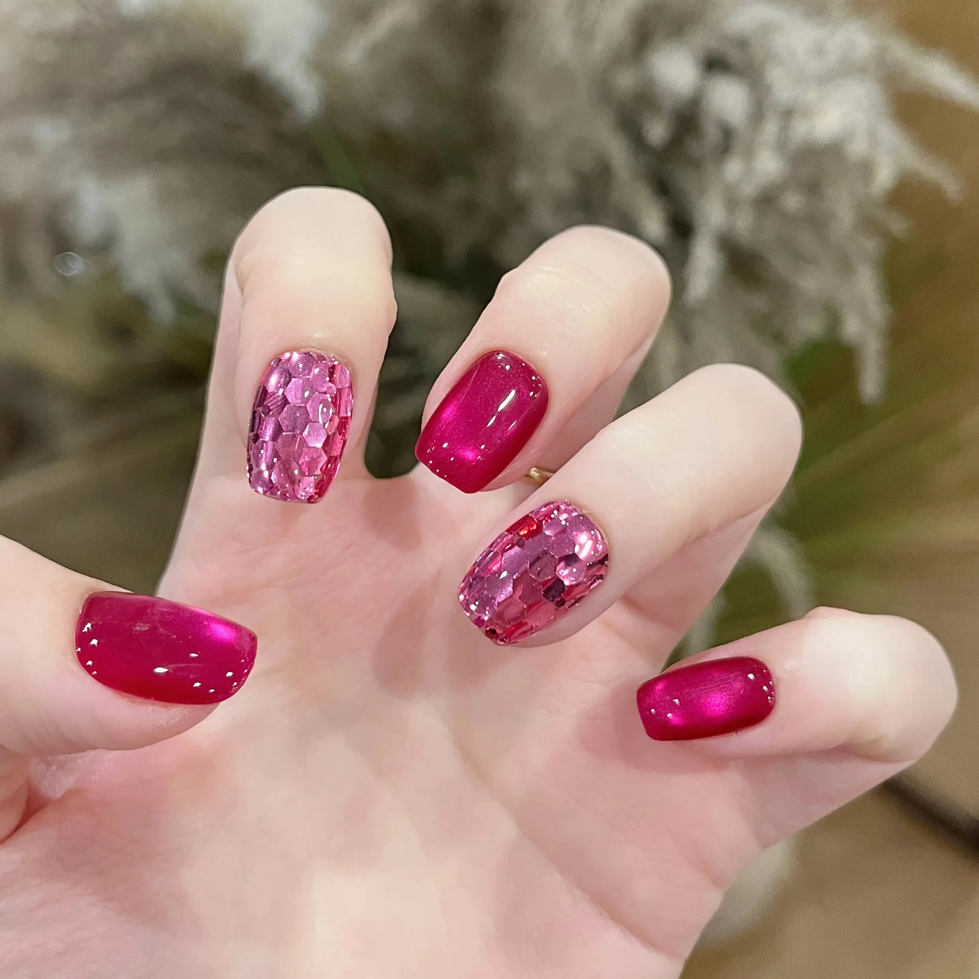 (3123-xs) 10 Uñas Postizas Cortas Rectangulares Hechas A Mano, Estilo Ojo De Gato, De Presión
