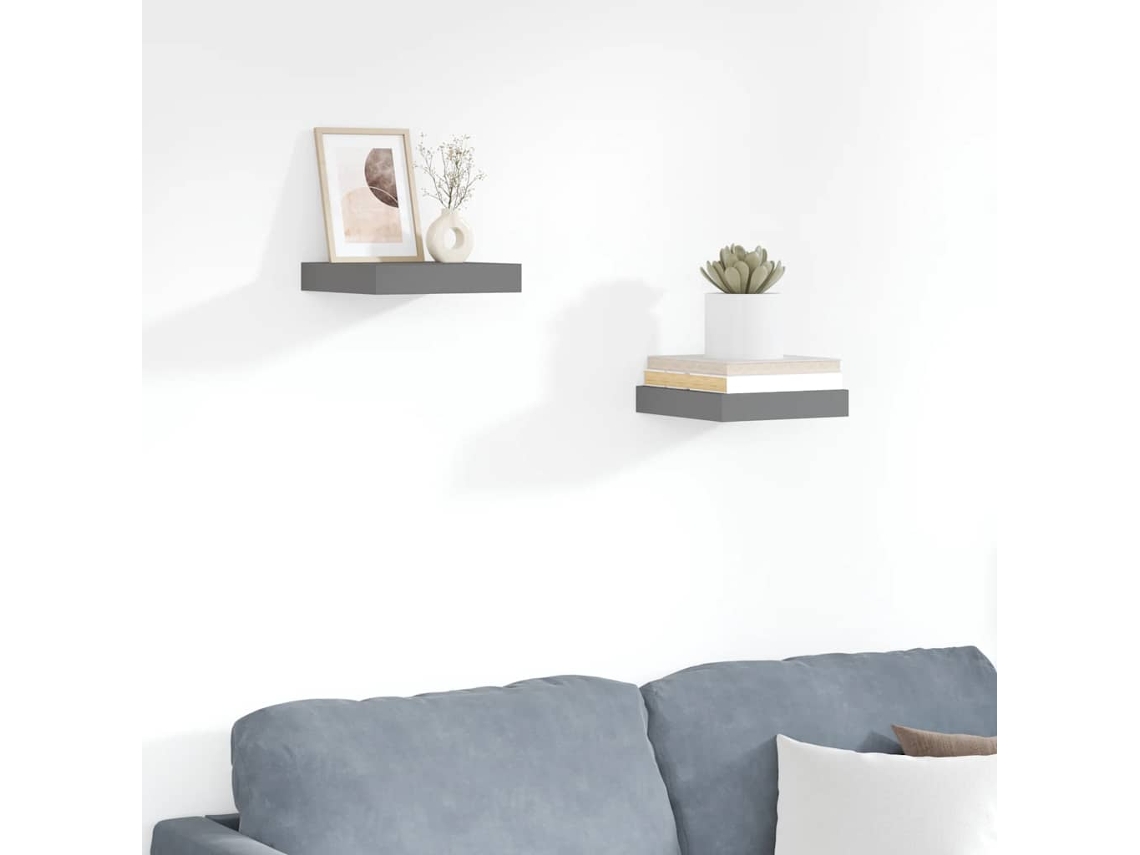 Estante Flotante De Pared | Estante Flotante | Estantería Pared 2 Uds Mdf Gris Brillo 23x23,5x3,8 Cm