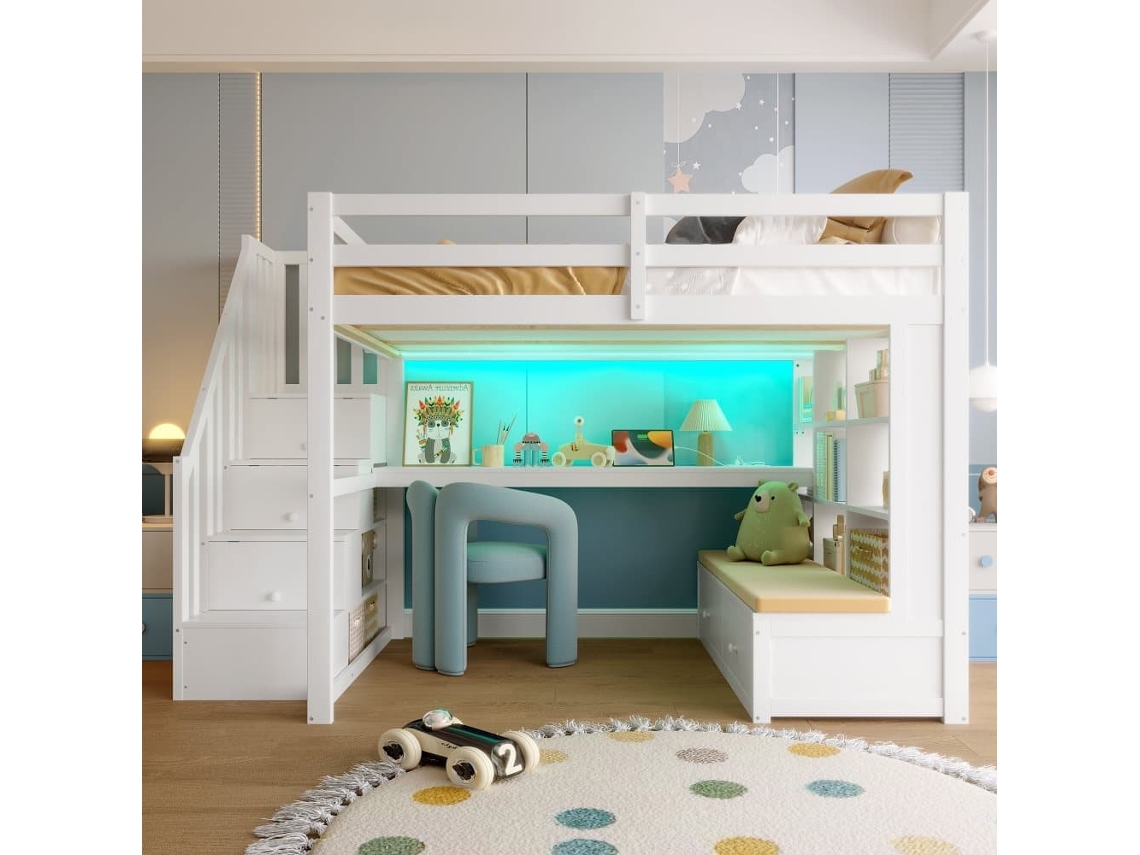 Cama Alta 140x200 - Con Escritorio, Estanterías, 2 Cajones Y Escalera Con Almacenamiento - Blanco