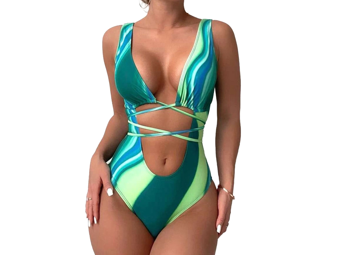 Traje de baño verde, talla L, de una pieza, tirantes anchos, escote en V profundo.