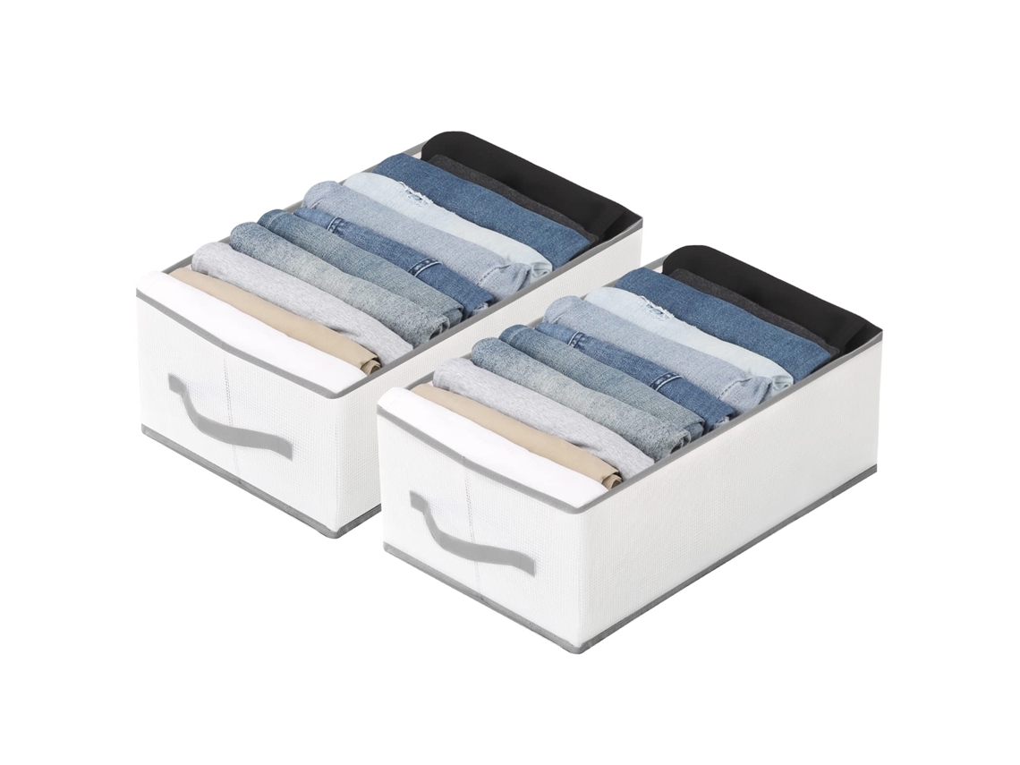 Caja organizadora de ropa para armario, paquete de 2, 7 compartimentos, plegable con asa, organizador para vaqueros