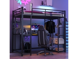 Cama Alta De 90x200 Con Escalera Y Escritorio, Hierro Negro.