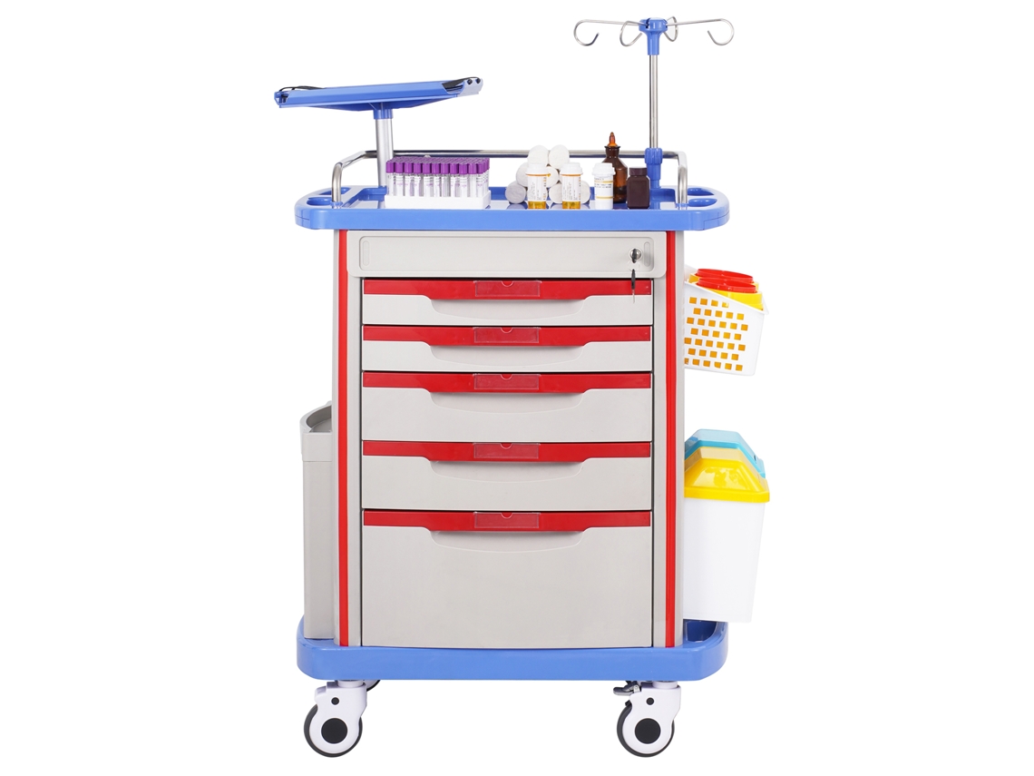 Carritos De Laboratorio Móviles De 5 Niveles Succebuy Con 5 Cajones Y 2 Botes De Basura En Color Azul